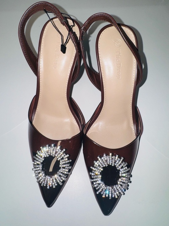 The Drop Shoes - The Drop Women’s Dark Brown Pointed Slingback Heels with Crystal Sunburst